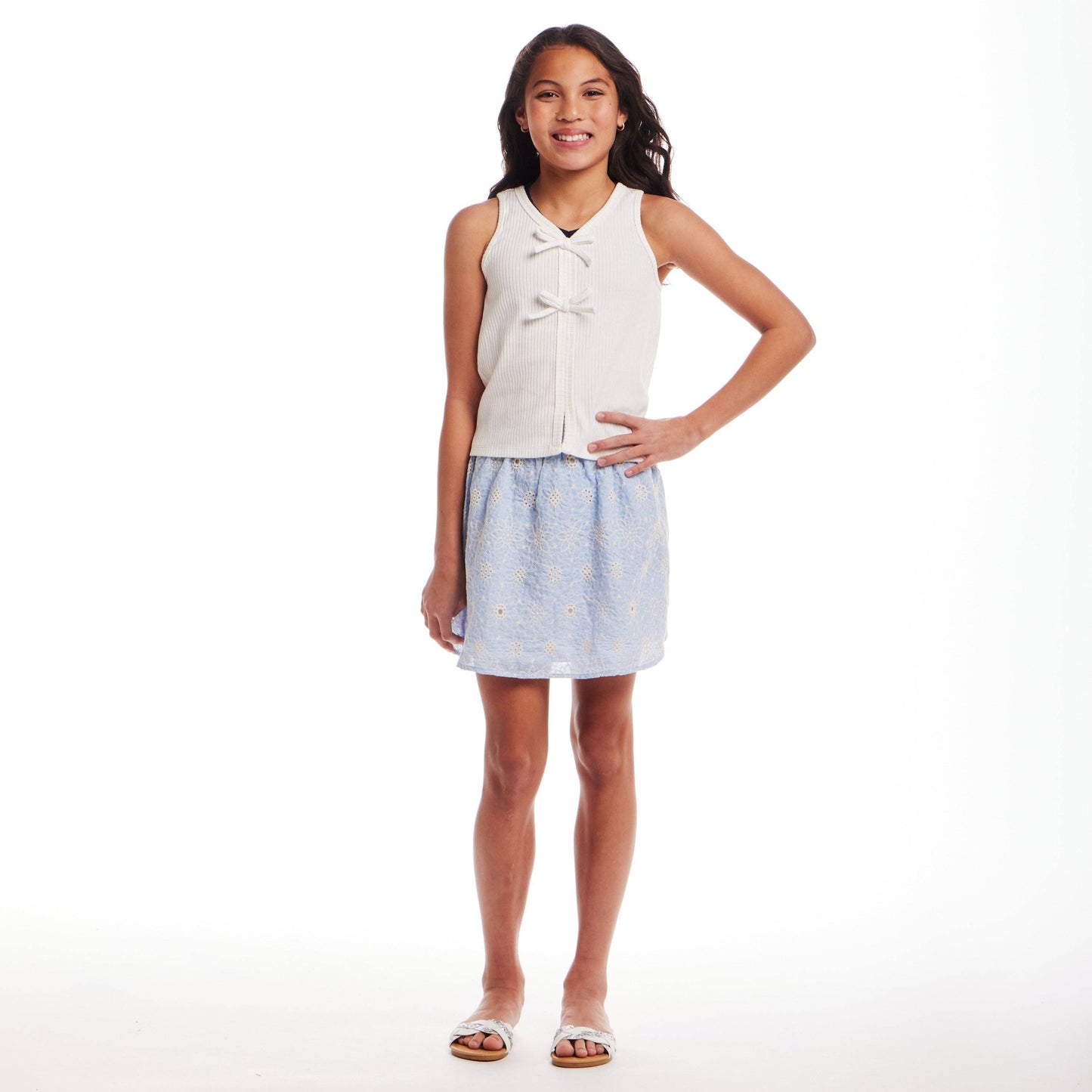 Andy & Evan - Kids (7-14) White Rib Knit Tank Set | Bows & Blue: Blue