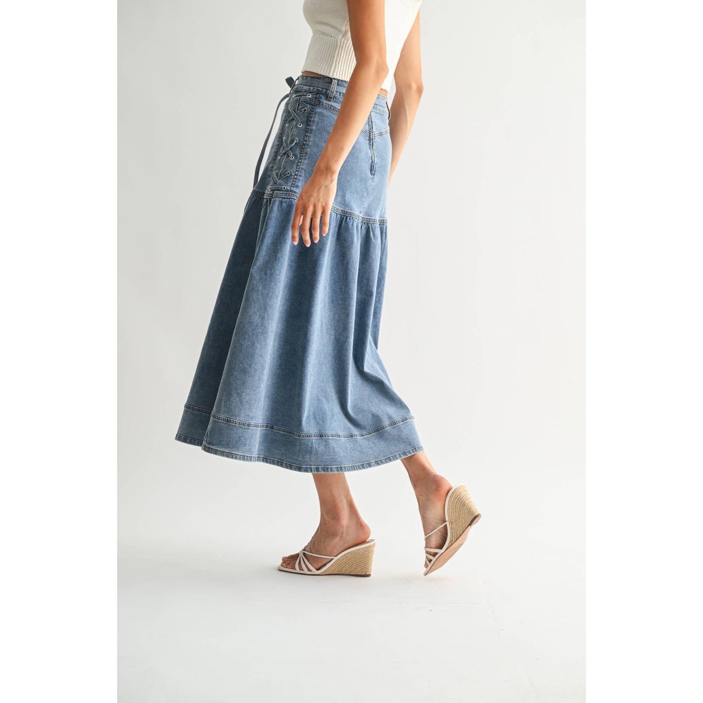 Camellia - DENIM MIDI SKIRT WITH LACE-UP DETAIL: MEDIUM WASH / S-M-L(3-2-1)