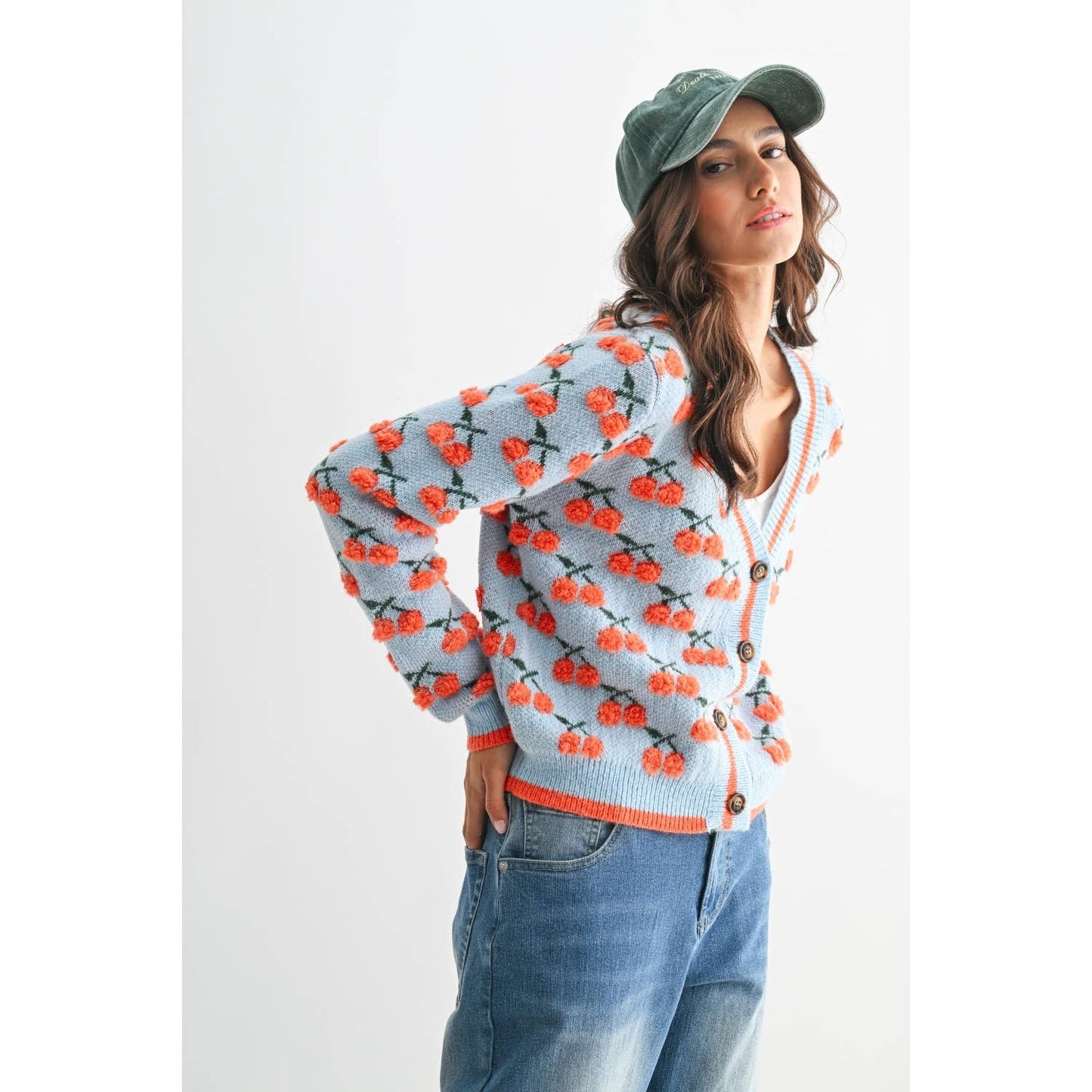 Camellia - CHERRY KNIT WOOL CARDIGAN : LT.BLUE/ORANGE MULTI / S-M-L(3-2-1)