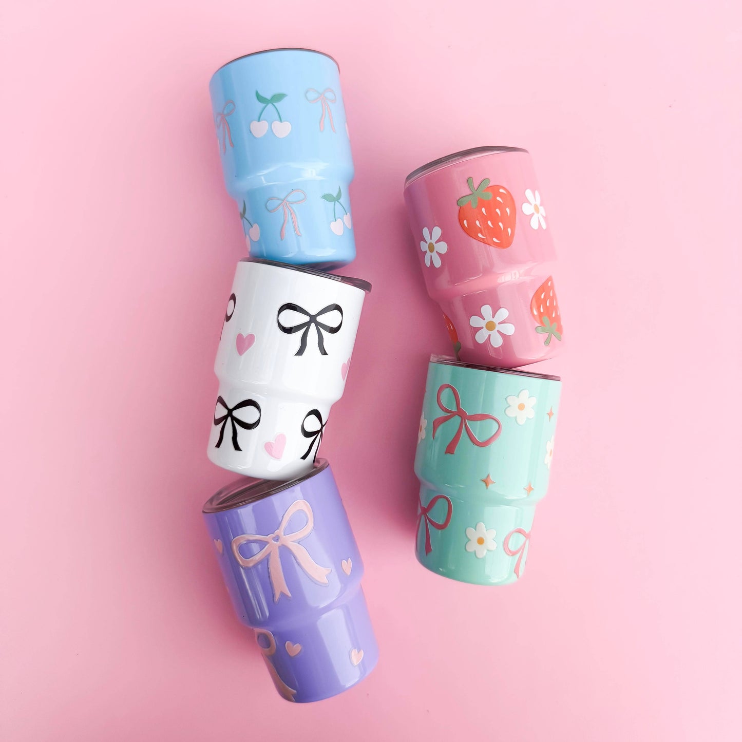 Leo & Lee Studio - Coquette Tiny Spring Tumblers/ 3oz Stainless Steel Cups : Pink/Strawberries