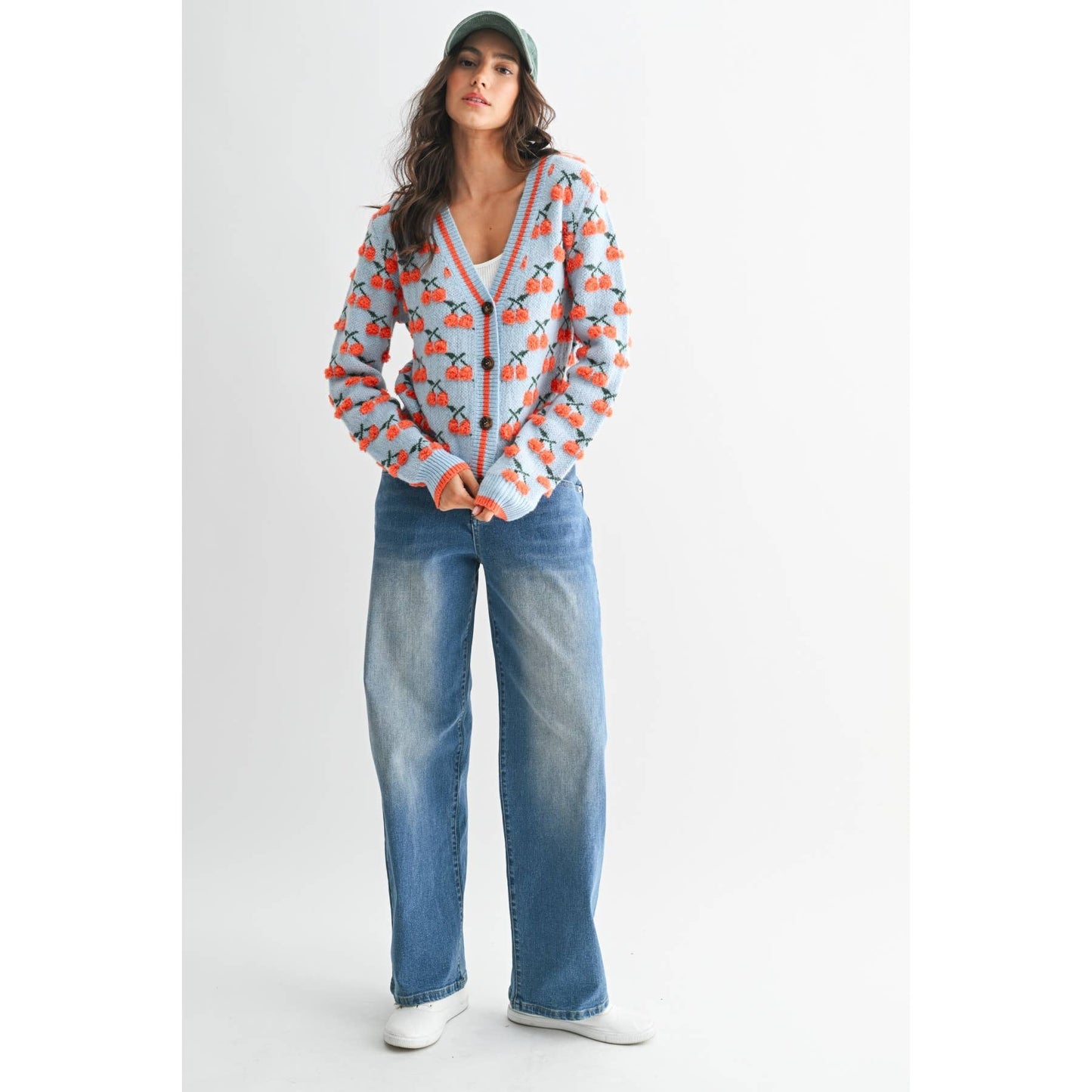 Camellia - CHERRY KNIT WOOL CARDIGAN : LT.BLUE/ORANGE MULTI / S-M-L(3-2-1)