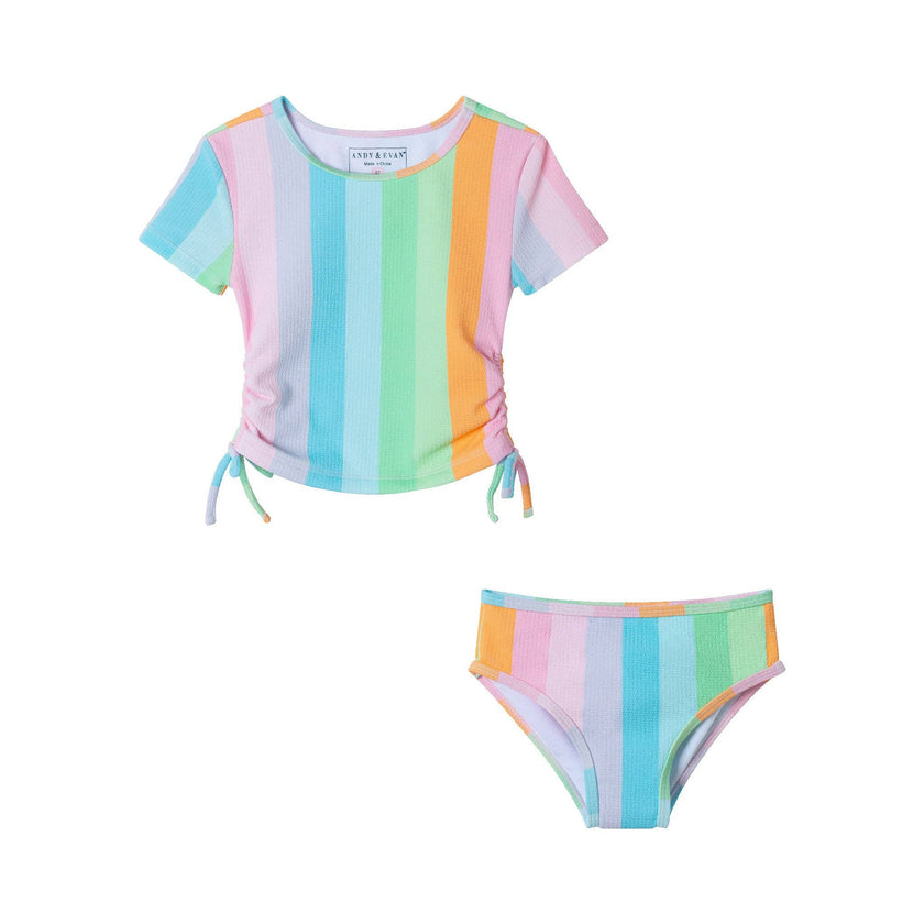 Andy & Evan - Kids (2-7) Short Sleeve Rashguard Set | Rainbow Striped: Pink