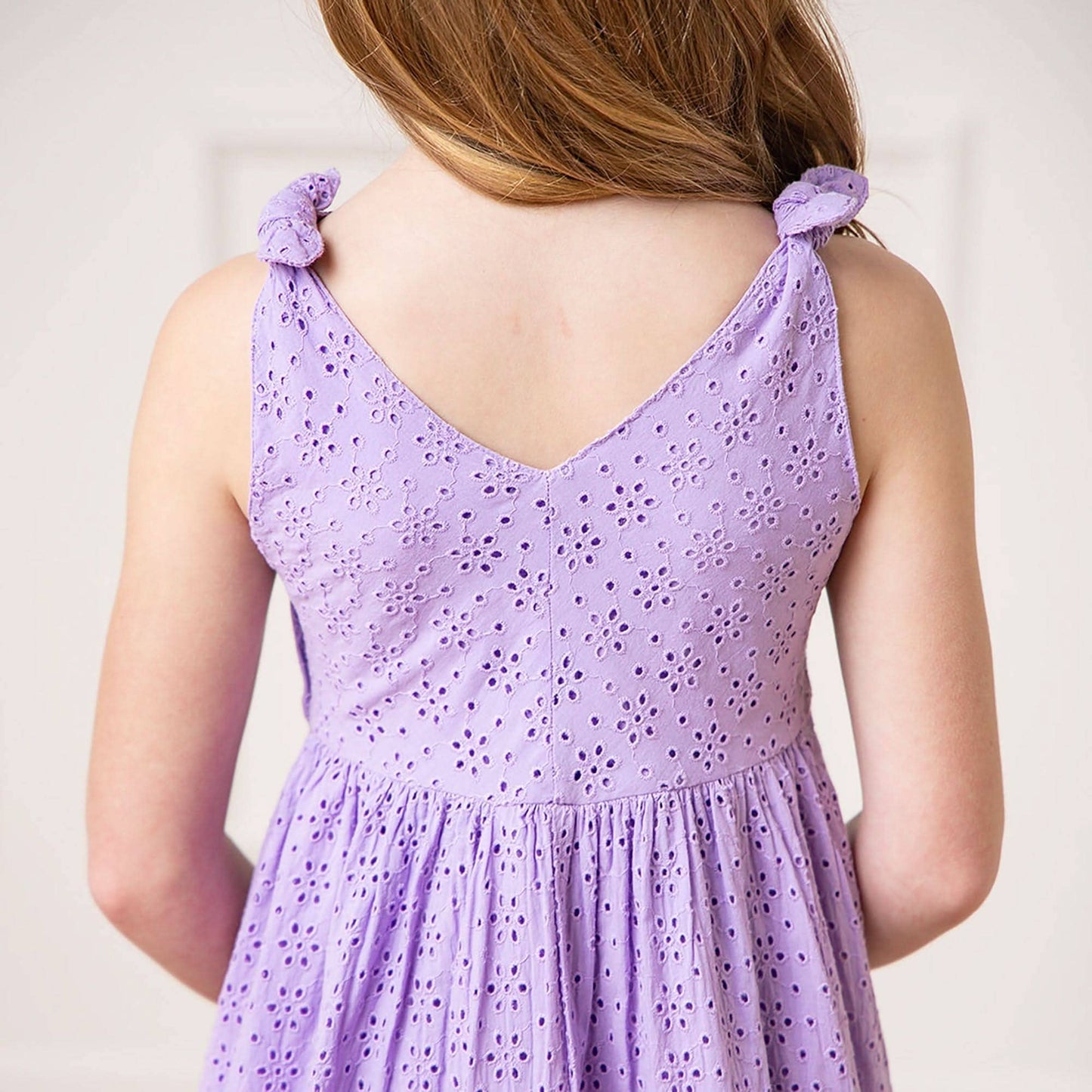 Hope and Henry - Bow Shoulder Organic Swing Dress: Lavender Eyelet / 6