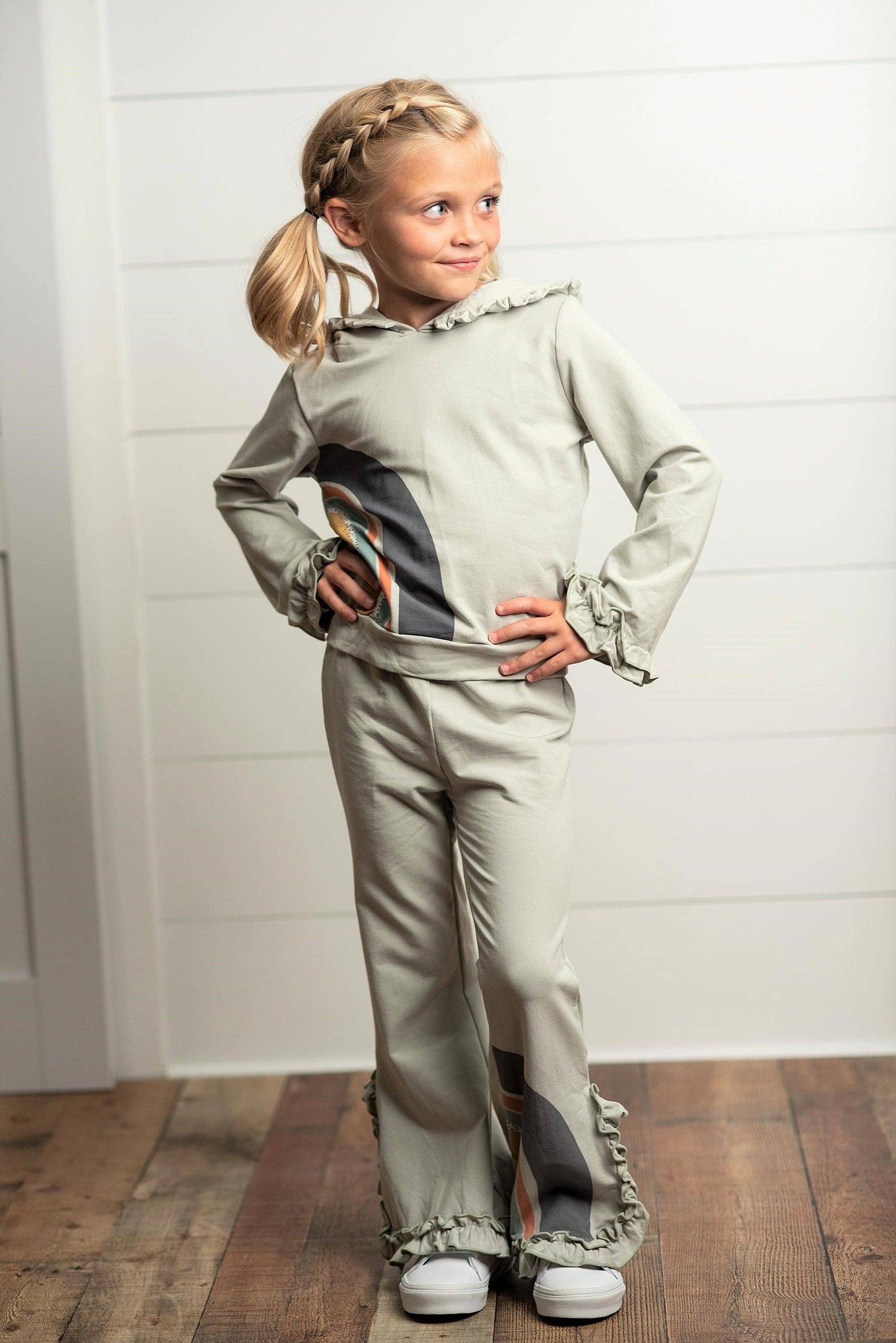 Oopsie Daisy - Girls Gray Sage Rainbow Hooded Sweatsuit Lounge Set