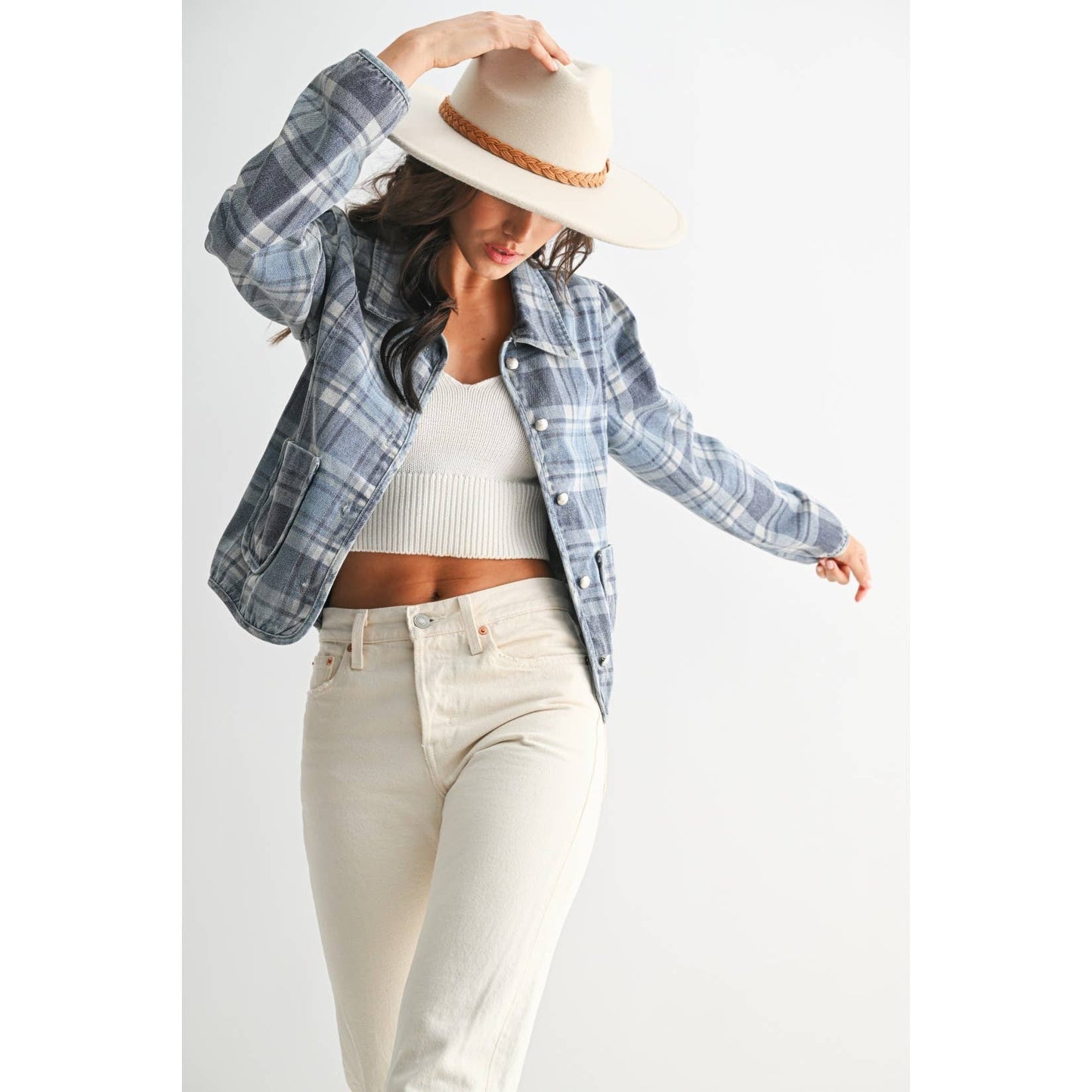 Camellia - PLAID DENIM JACKET: MEDIUM DENIM WASH PLAID / S-M-L(3-2-1)