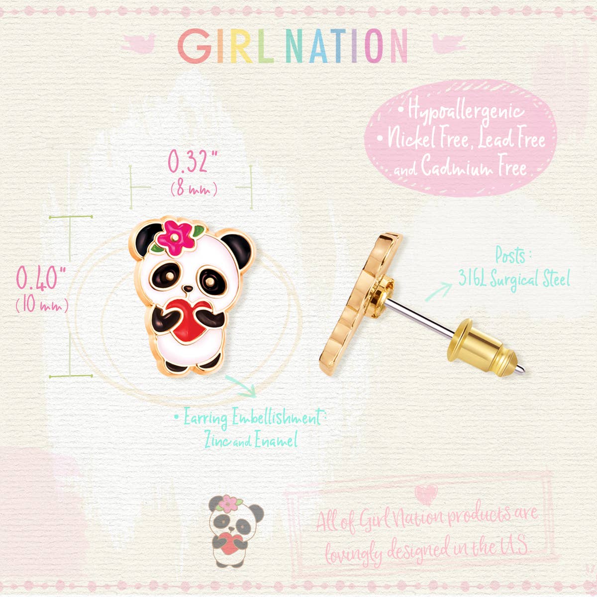 Girl Nation - Panda Love Cutie Stud Earrings