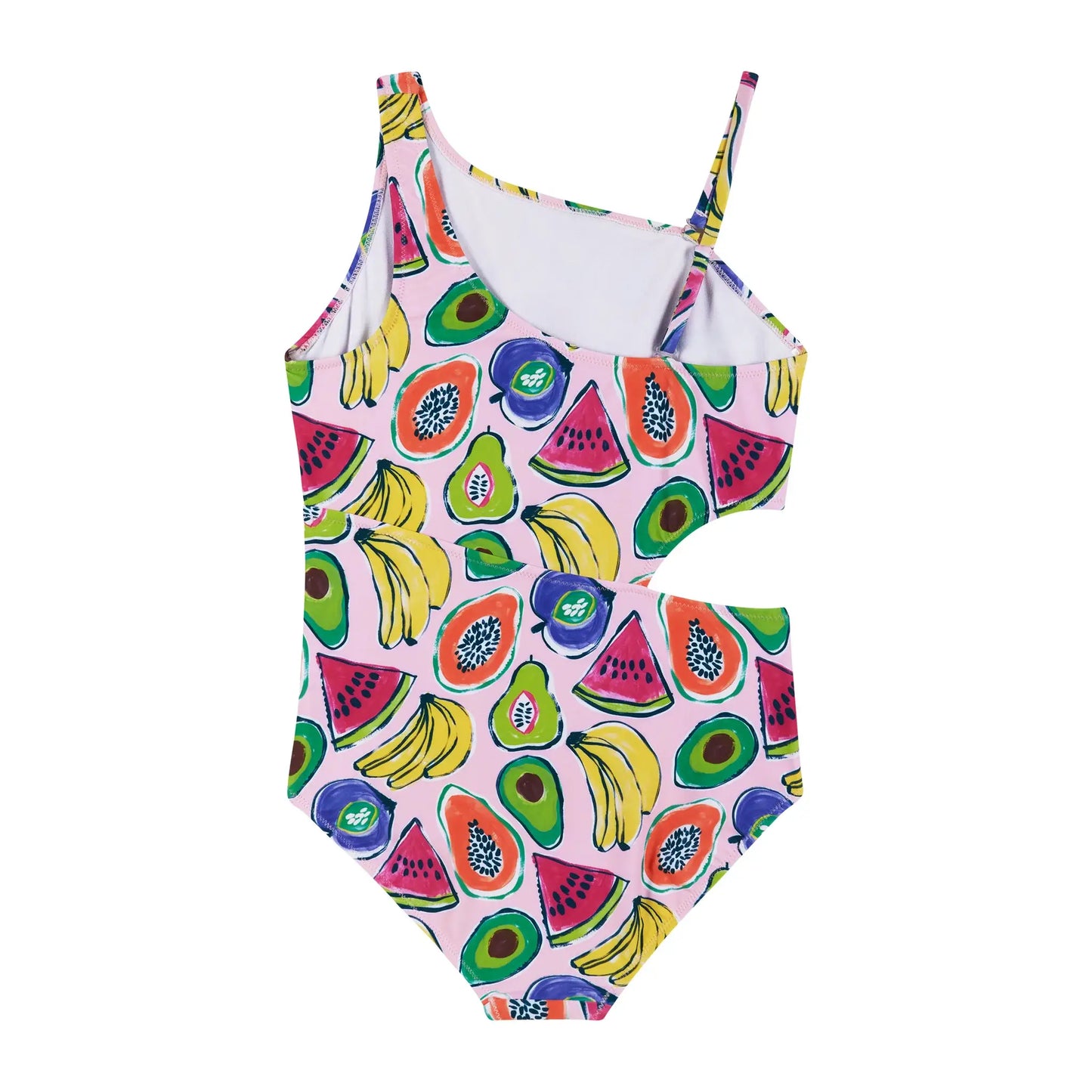 Andy & Evan - Girls Tween Pink Fruit Print One-Shoulder Swimsuit: Fruits