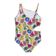Andy & Evan - Girls Tween Pink Fruit Print One-Shoulder Swimsuit: Fruits
