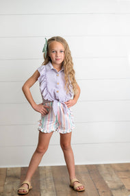 Wren & James - Kids Lavender Ruffle Top & Pastel Stripe Spring Short Set