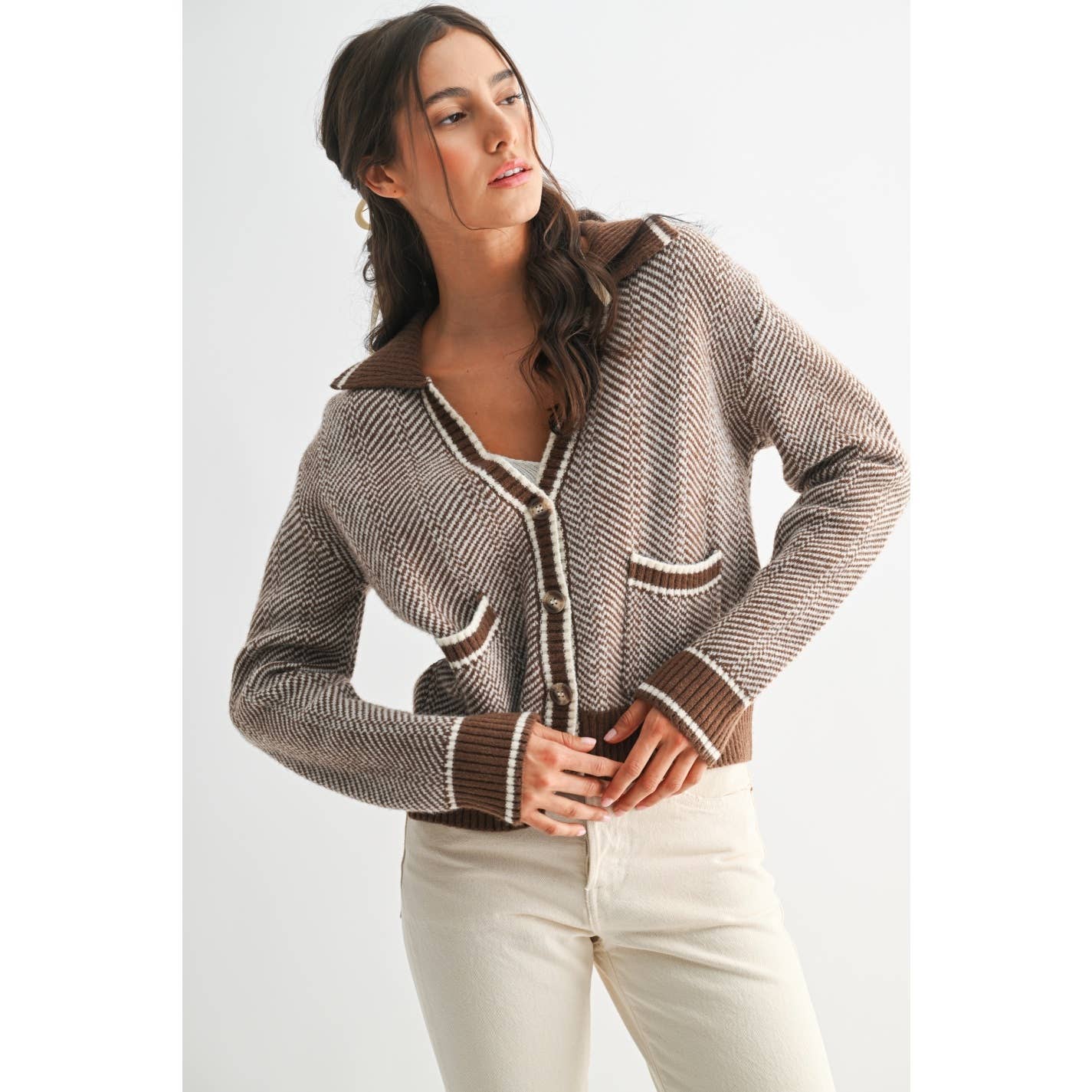 Camellia - HERRINGBONE KNIT CARDIGAN: BROWN / S-M-L(3-2-1)