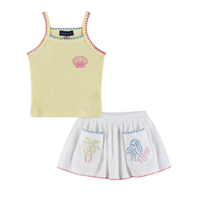 Andy & Evan - Kids (2-6x) Knit Halter Tank & White Gauze Skort | Beach Dreams: Yellow / 6X