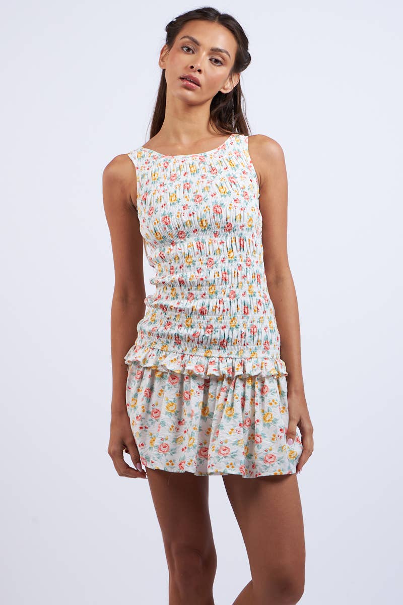Sky to Moon - ORANGE FLORAL SMOCKED BODY RUFFLE MINI DRESS: Red OR Floral