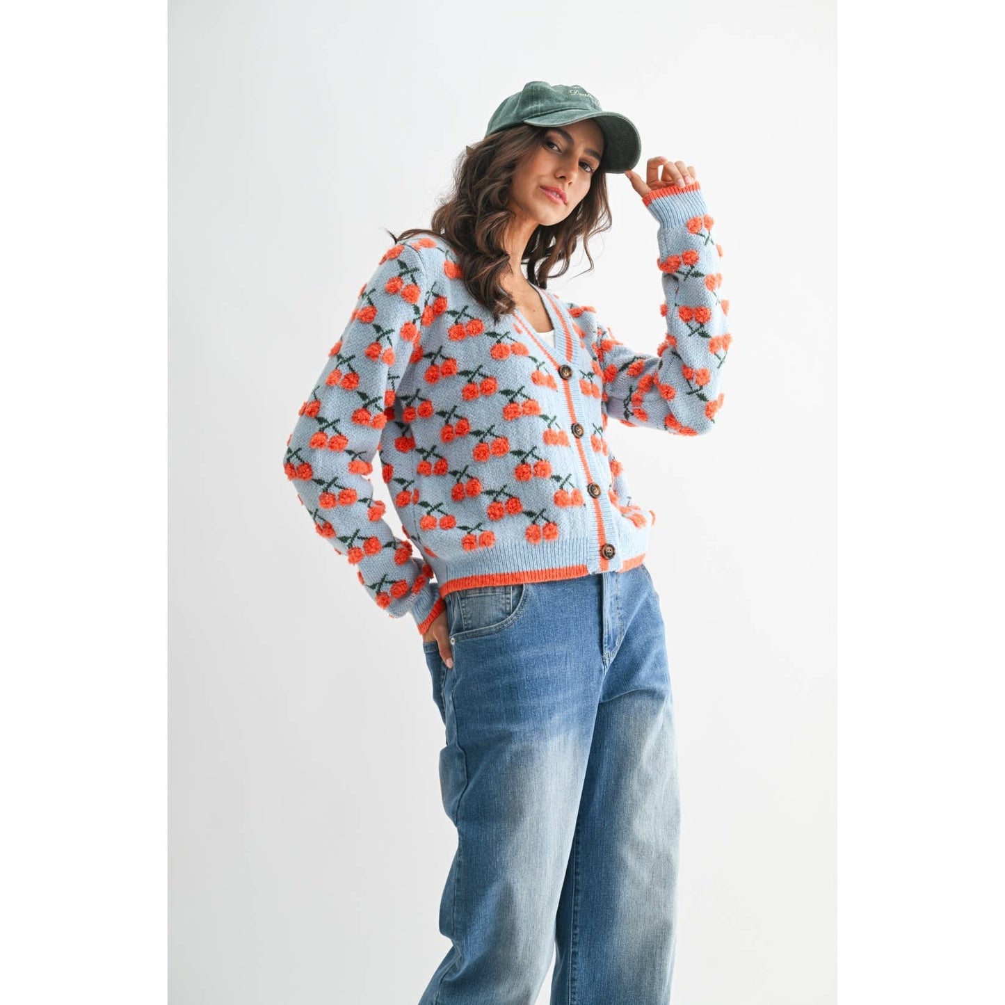 Camellia - CHERRY KNIT WOOL CARDIGAN : LT.BLUE/ORANGE MULTI / S-M-L(3-2-1)