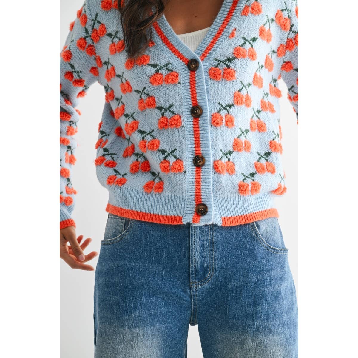 Camellia - CHERRY KNIT WOOL CARDIGAN : LT.BLUE/ORANGE MULTI / S-M-L(3-2-1)