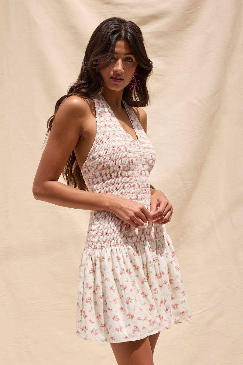 Sky to Moon - SCALLOP TRIMMED HALTER NECK SMOCKED MINI DRESS: CORAL BABY