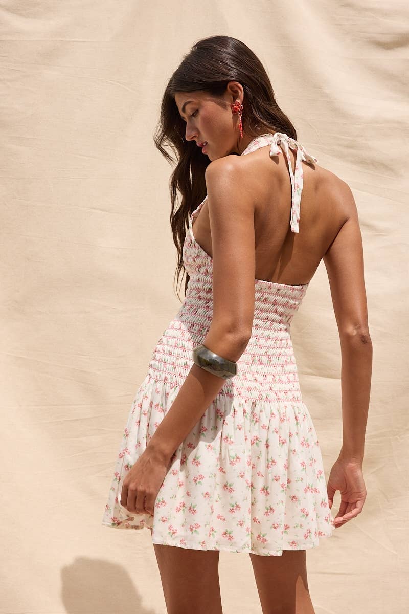 Sky to Moon - SCALLOP TRIMMED HALTER NECK SMOCKED MINI DRESS: CORAL BABY