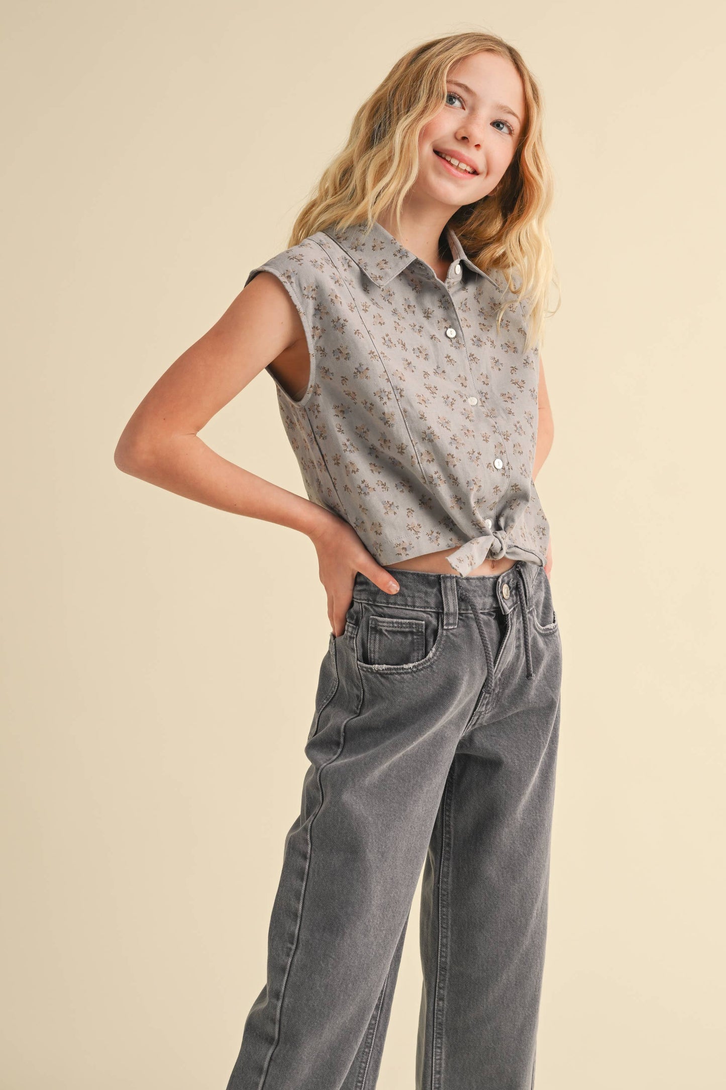 heart and arrow - TWEEN GIRLS KIDS S/L BUTTON UP CROPPED SHIRT (7-14)