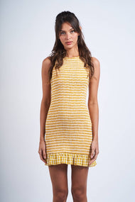Sky to Moon - VIVID CHECKER FULL BODY SMOCKED FIT-IN MINI DRESS: YELLOW CHECKER