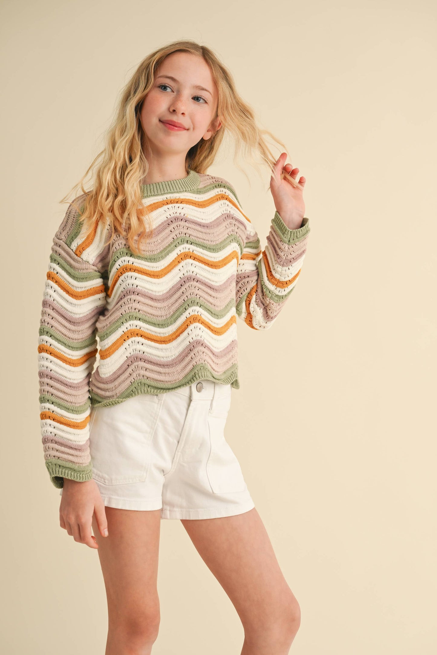 heart and arrow - TWEEN GIRLS KIDS CREW NECK WAVY RIB KNIT PULL OVER (7-14)