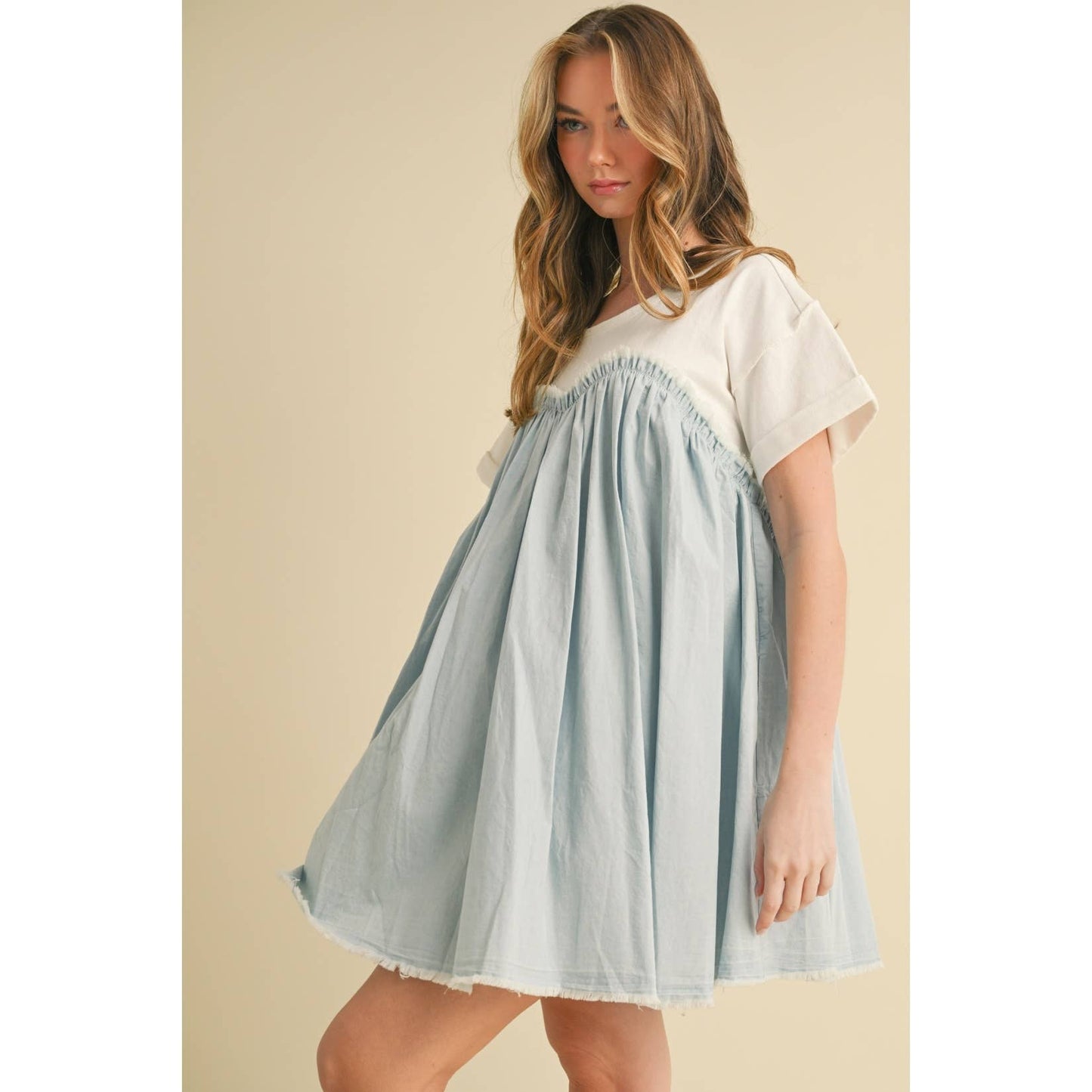 Camellia - TWOFER CHAMBRAY BABYDOLL DRESS : MEDIUM WASH