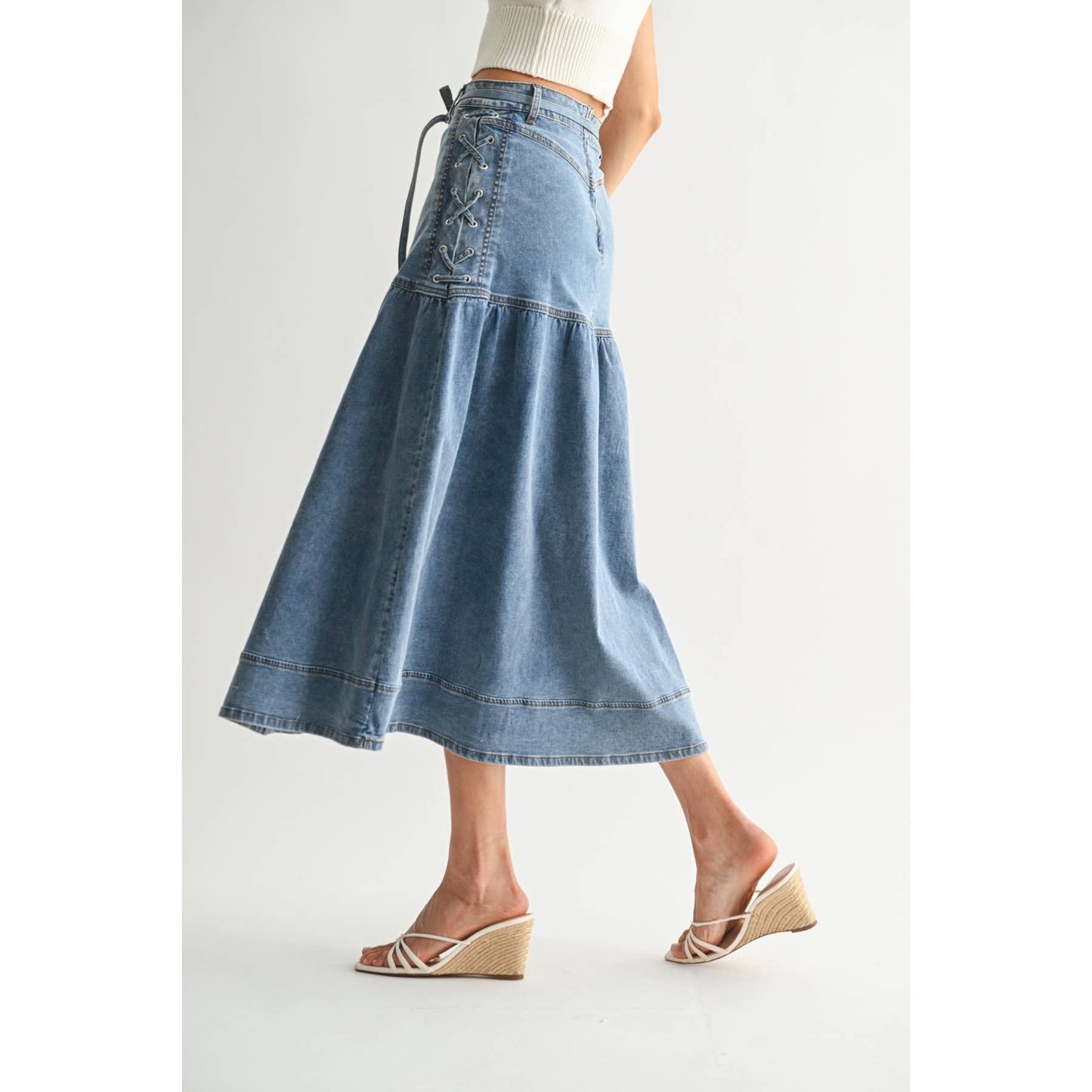 Camellia - DENIM MIDI SKIRT WITH LACE-UP DETAIL: MEDIUM WASH / S-M-L(3-2-1)
