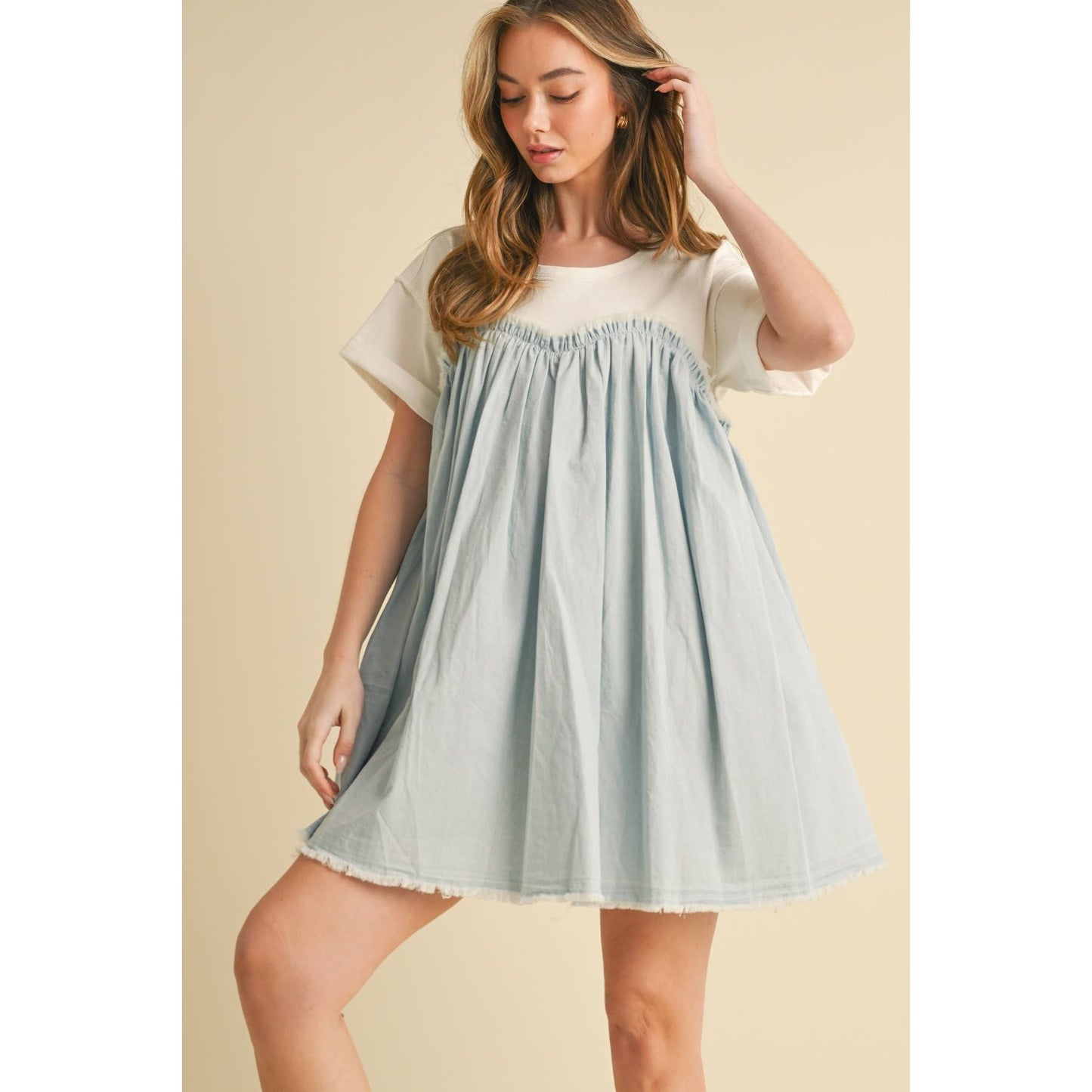 Camellia - TWOFER CHAMBRAY BABYDOLL DRESS : MEDIUM WASH