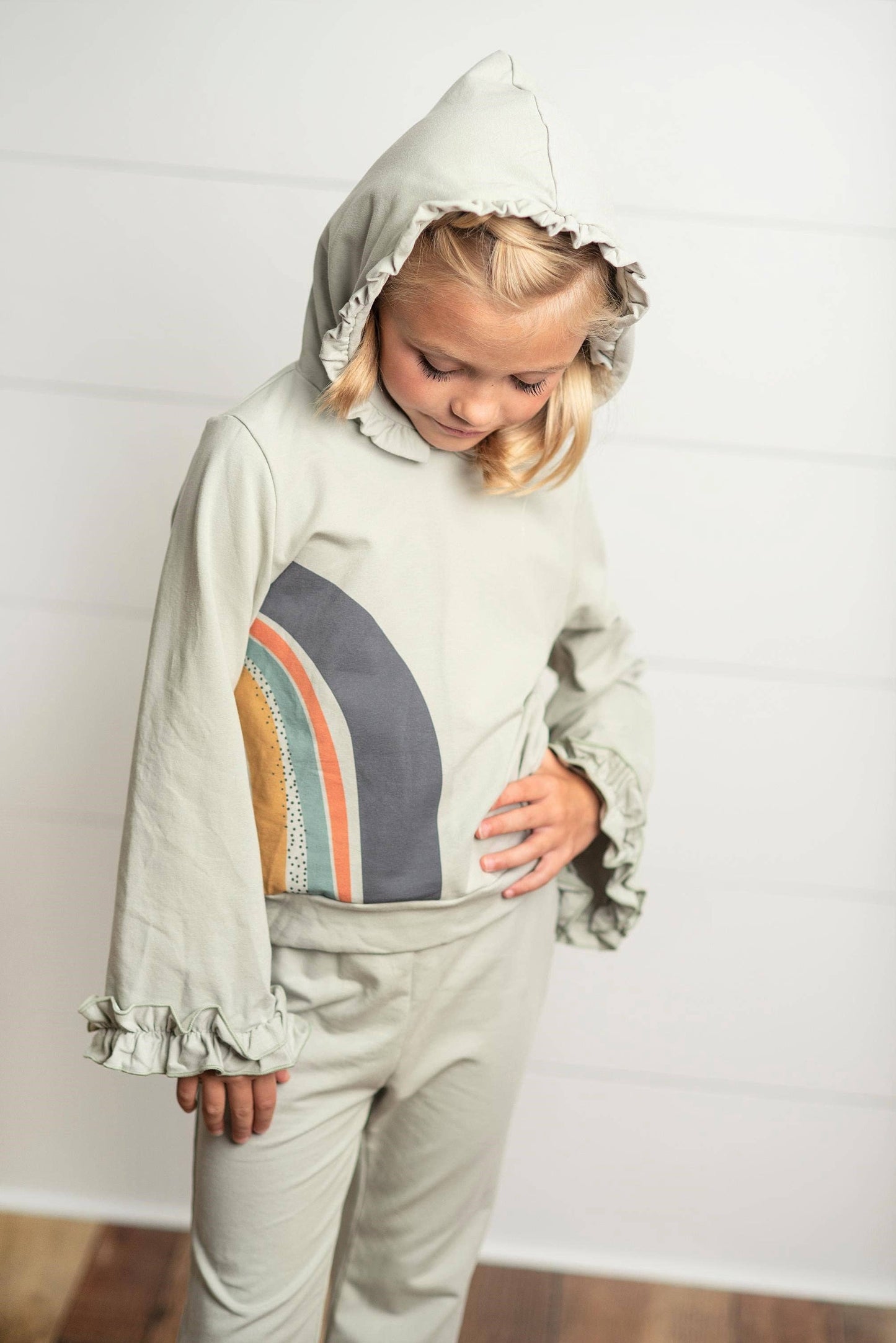 Oopsie Daisy - Girls Gray Sage Rainbow Hooded Sweatsuit Lounge Set