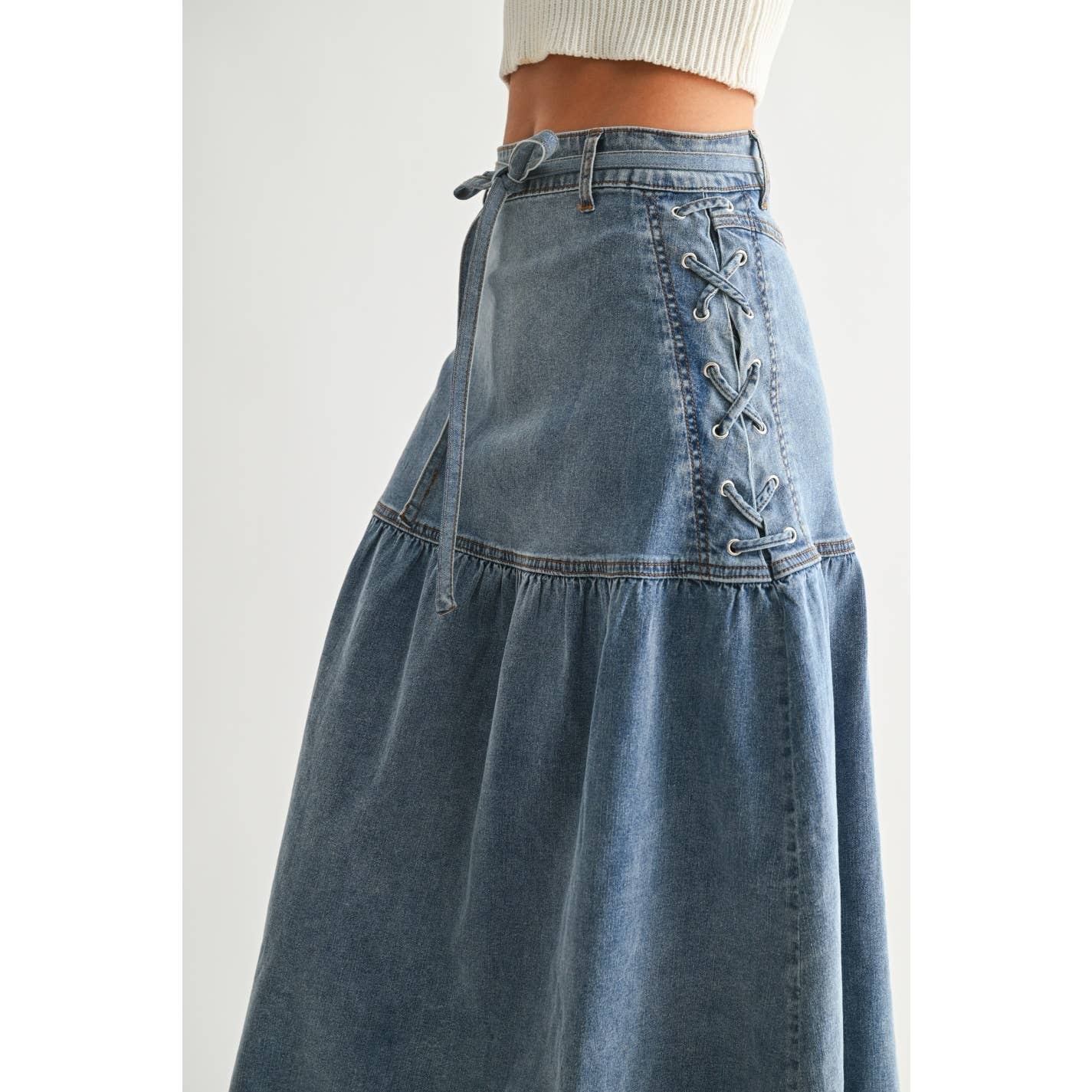 Camellia - DENIM MIDI SKIRT WITH LACE-UP DETAIL: MEDIUM WASH / S-M-L(3-2-1)