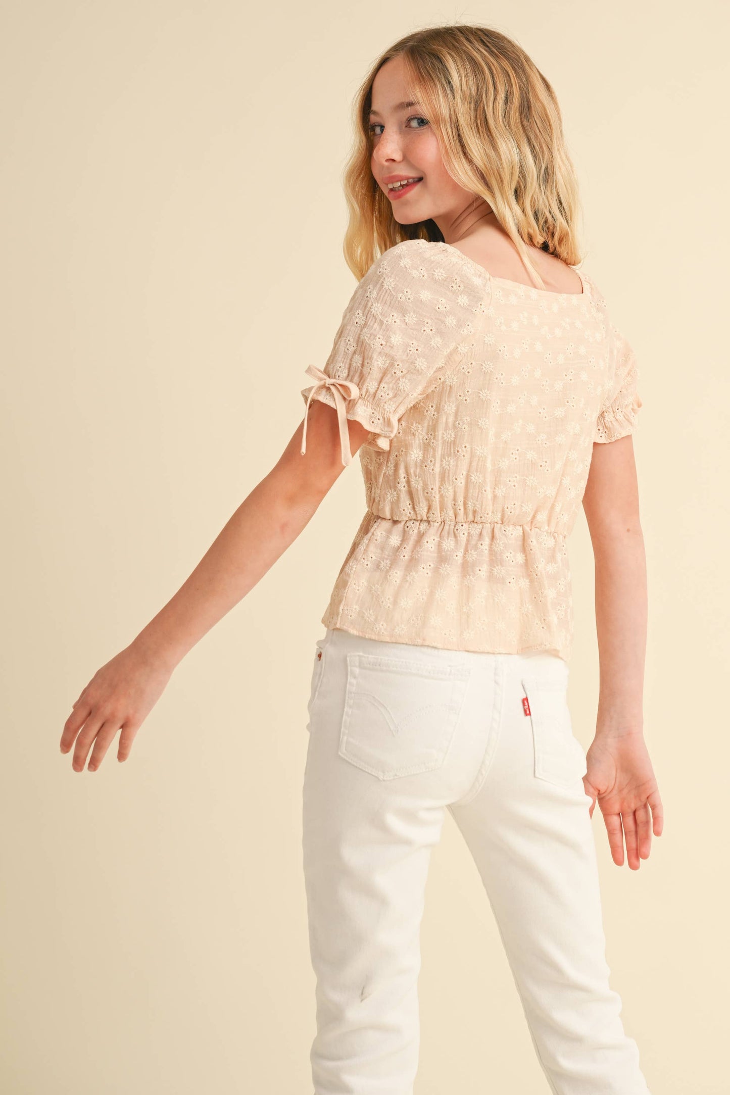 heart and arrow - TWEEN KIDS GIRLS PUFF SLV EMB PEPLUM TOP KT2648 (7-14): 7/8