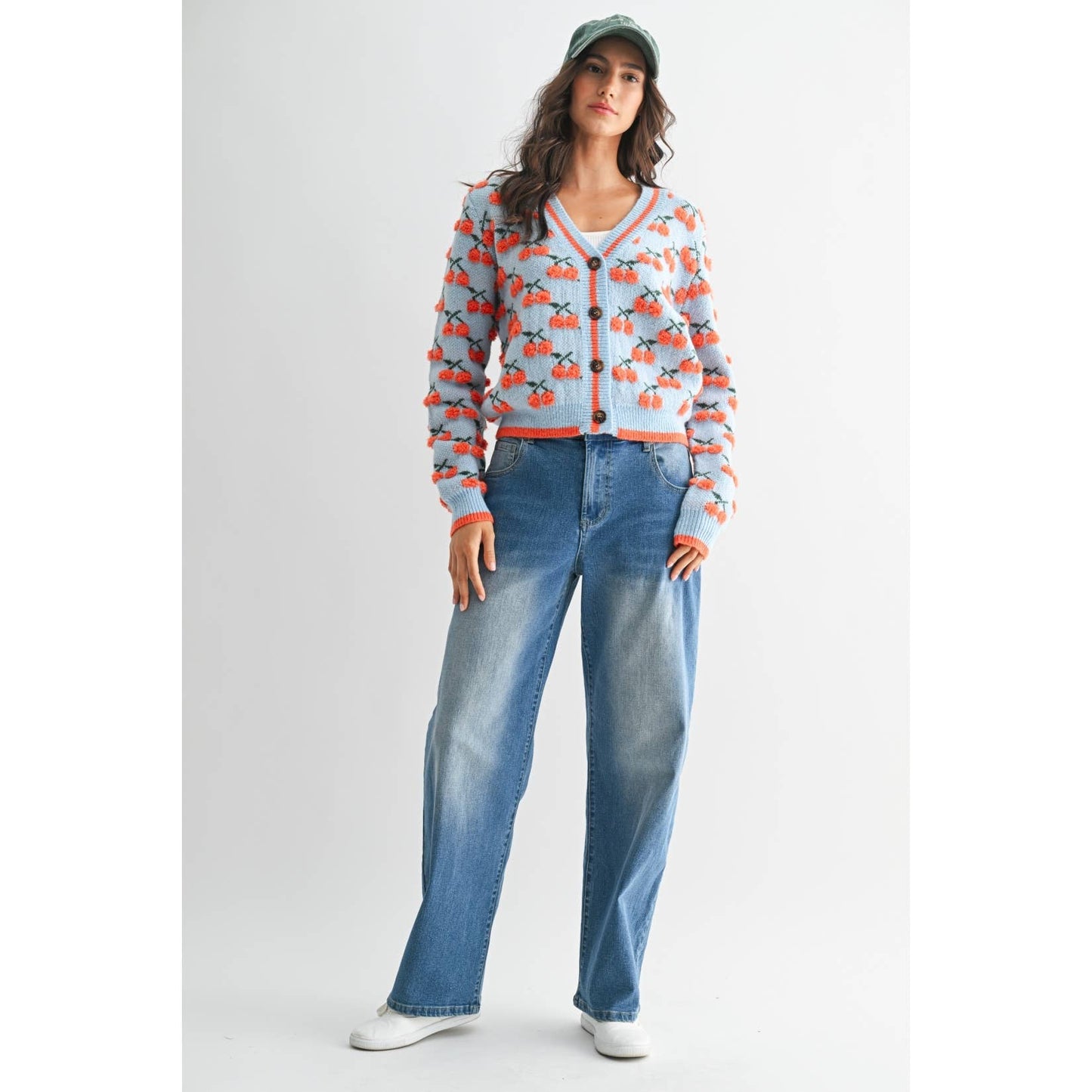 Camellia - CHERRY KNIT WOOL CARDIGAN : LT.BLUE/ORANGE MULTI / S-M-L(3-2-1)