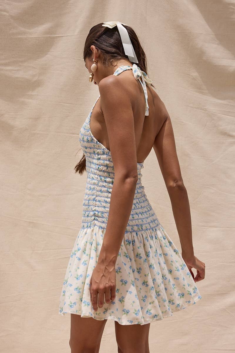 Sky to Moon - SCALLOP TRIMMED HALTER NECK SMOCKED MINI DRESS: BLUE BABY