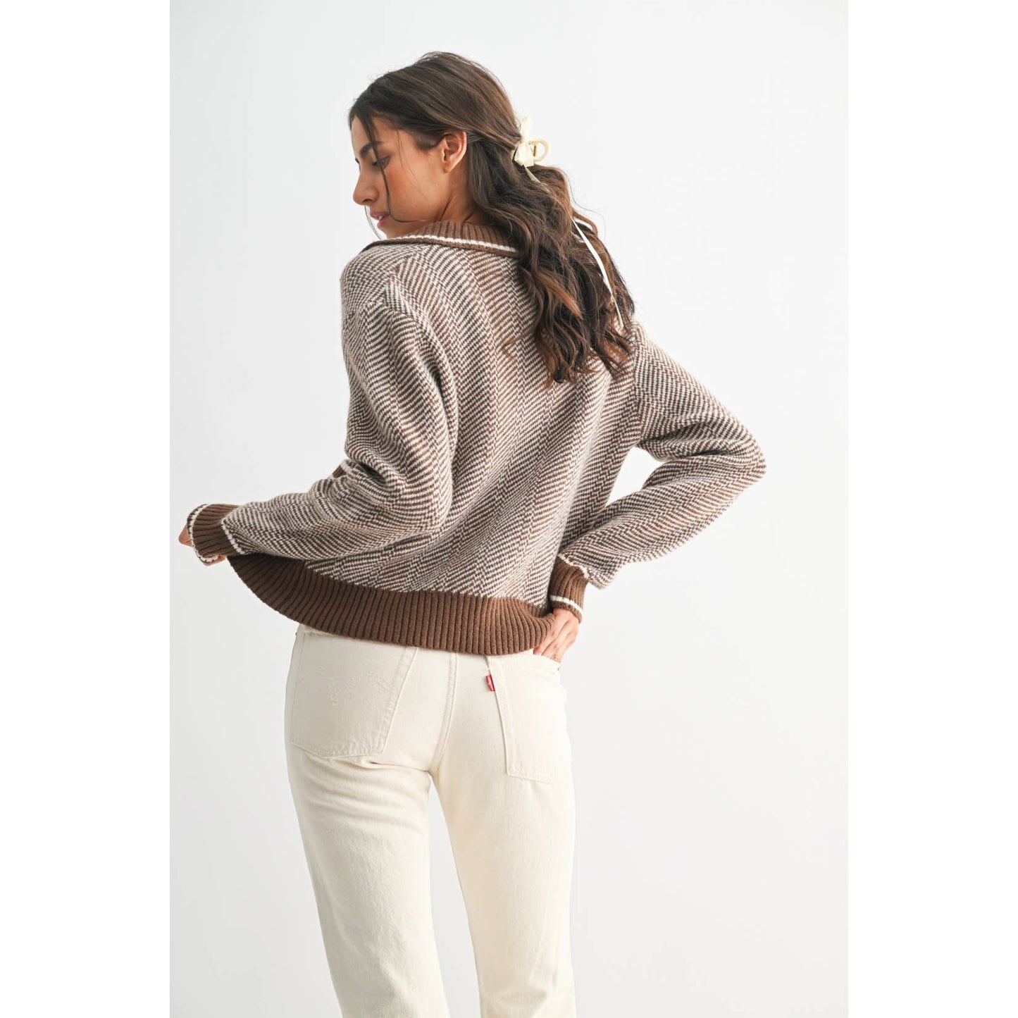 Camellia - HERRINGBONE KNIT CARDIGAN: BROWN / S-M-L(3-2-1)