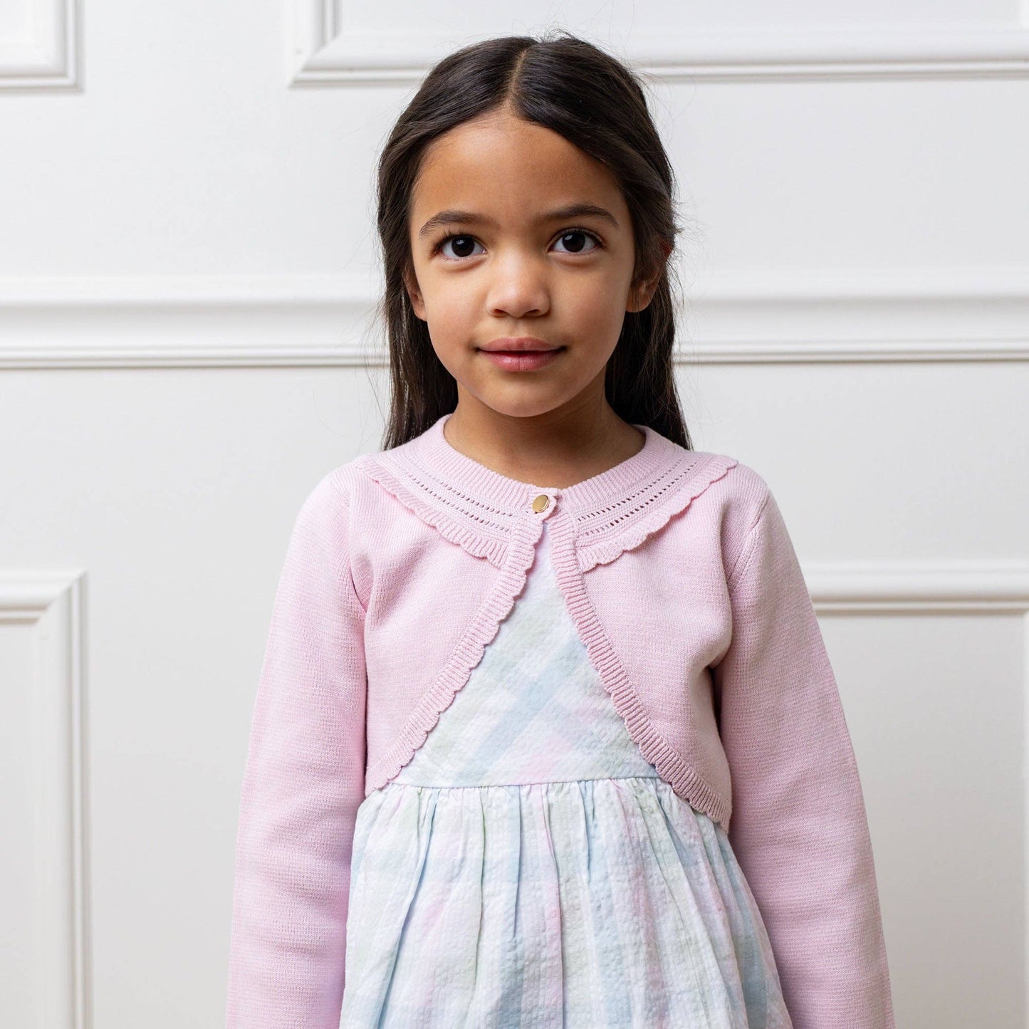 Hope and Henry - Organic Cropped Special Cardigan: Pale Pink Scallop / XX-Small