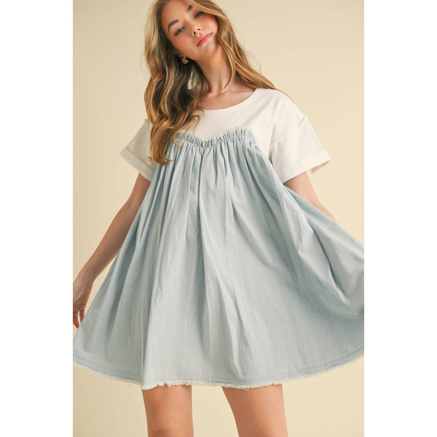 Camellia - TWOFER CHAMBRAY BABYDOLL DRESS : MEDIUM WASH