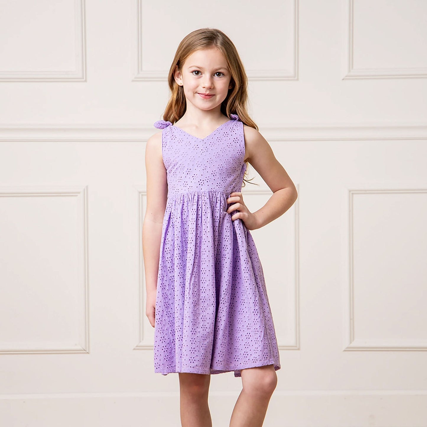 Hope and Henry - Bow Shoulder Organic Swing Dress: Lavender Eyelet / 6