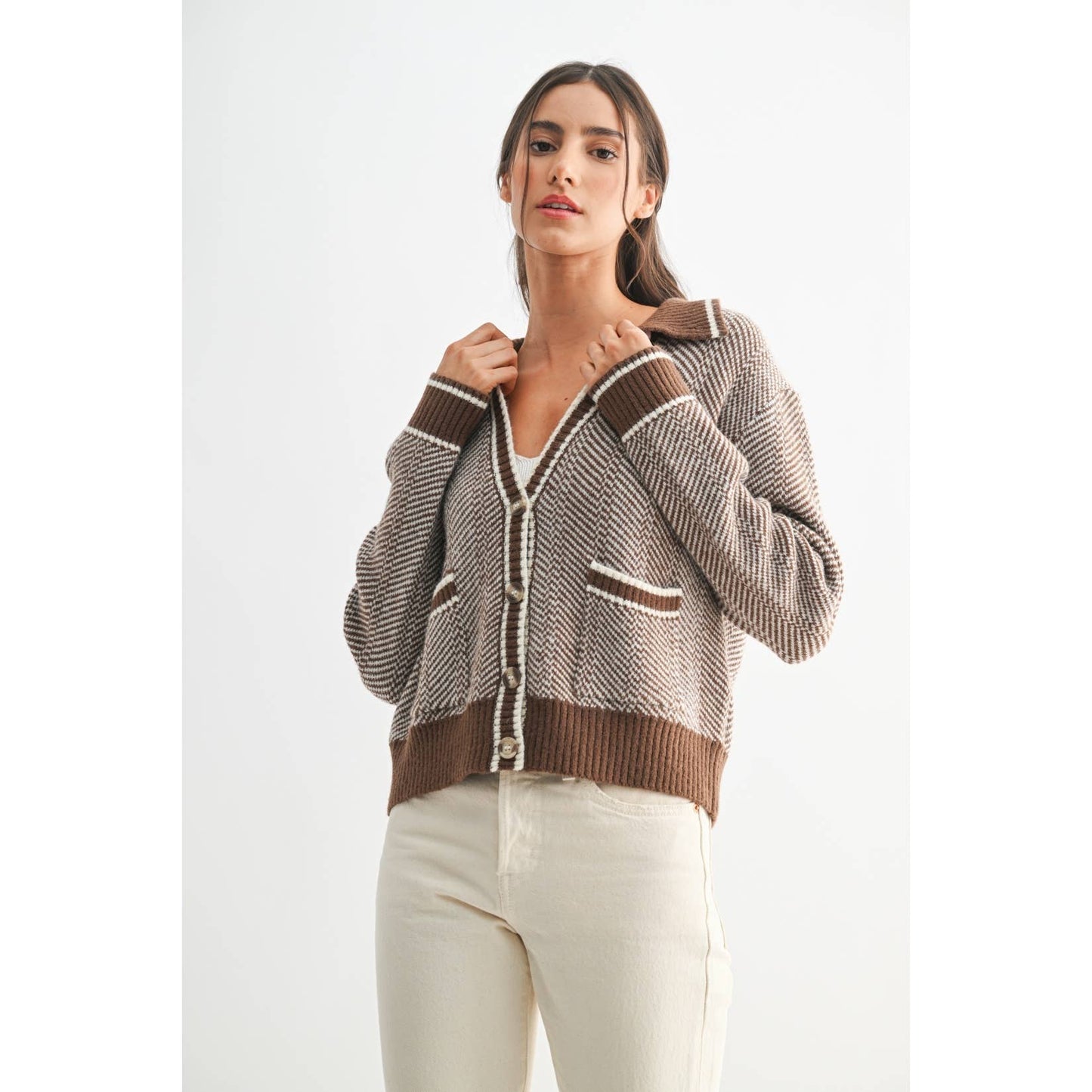 Camellia - HERRINGBONE KNIT CARDIGAN: BROWN / S-M-L(3-2-1)