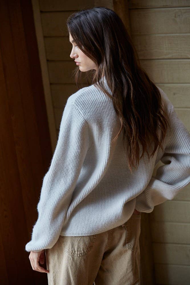 By Together - W2150 | Knit Sweater Ribbed Flower Embroidery Pullover Top: Light Grey
