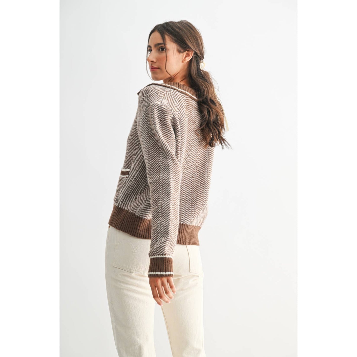 Camellia - HERRINGBONE KNIT CARDIGAN: BROWN / S-M-L(3-2-1)