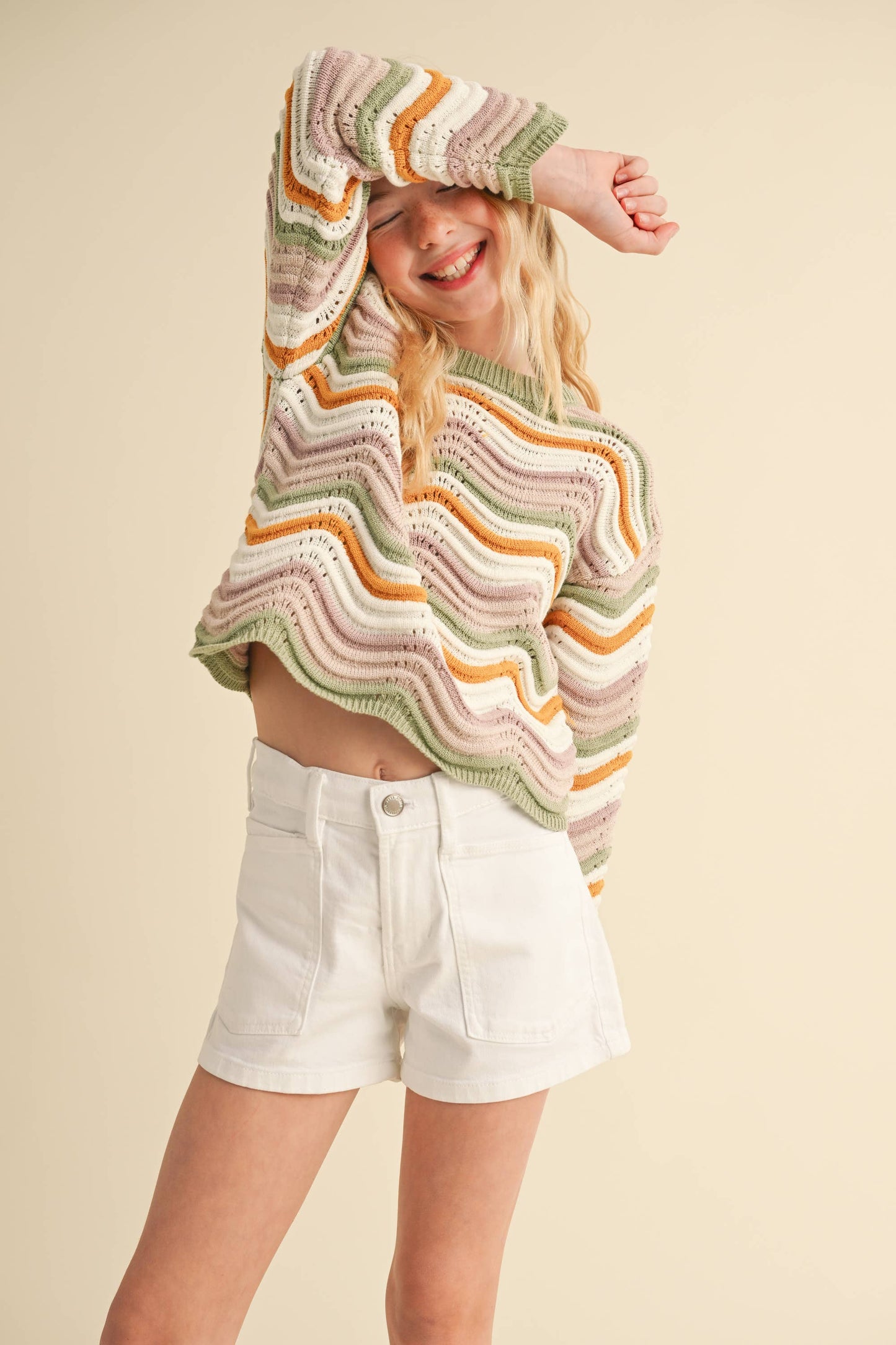 heart and arrow - TWEEN GIRLS KIDS CREW NECK WAVY RIB KNIT PULL OVER (7-14)