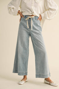 MIOU MUSE - P4880   WASHED DENIM WITH TIE FRONT PANTS: DENIM