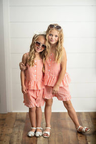 Wren & James - Kids Rust Check Gingham Ruffle Button Short Set
