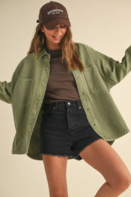 MIOU MUSE - J5364   WASHED SNAP BUTTON DENIM SHACKET: OLIVE