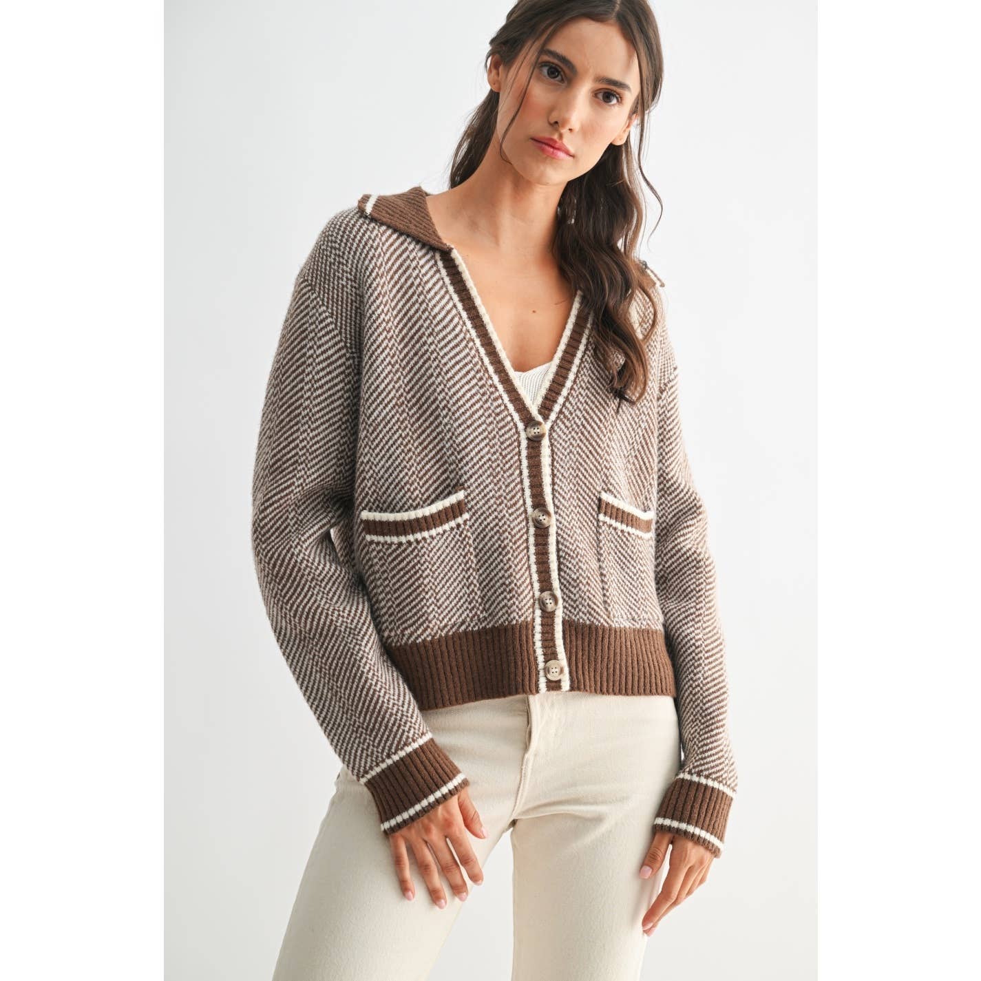 Camellia - HERRINGBONE KNIT CARDIGAN: BROWN / S-M-L(3-2-1)