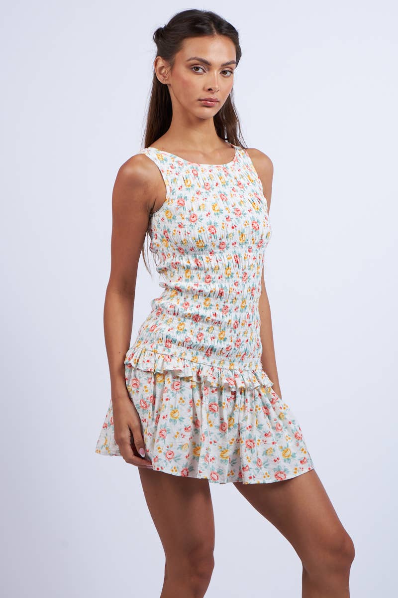 Sky to Moon - ORANGE FLORAL SMOCKED BODY RUFFLE MINI DRESS: Red OR Floral