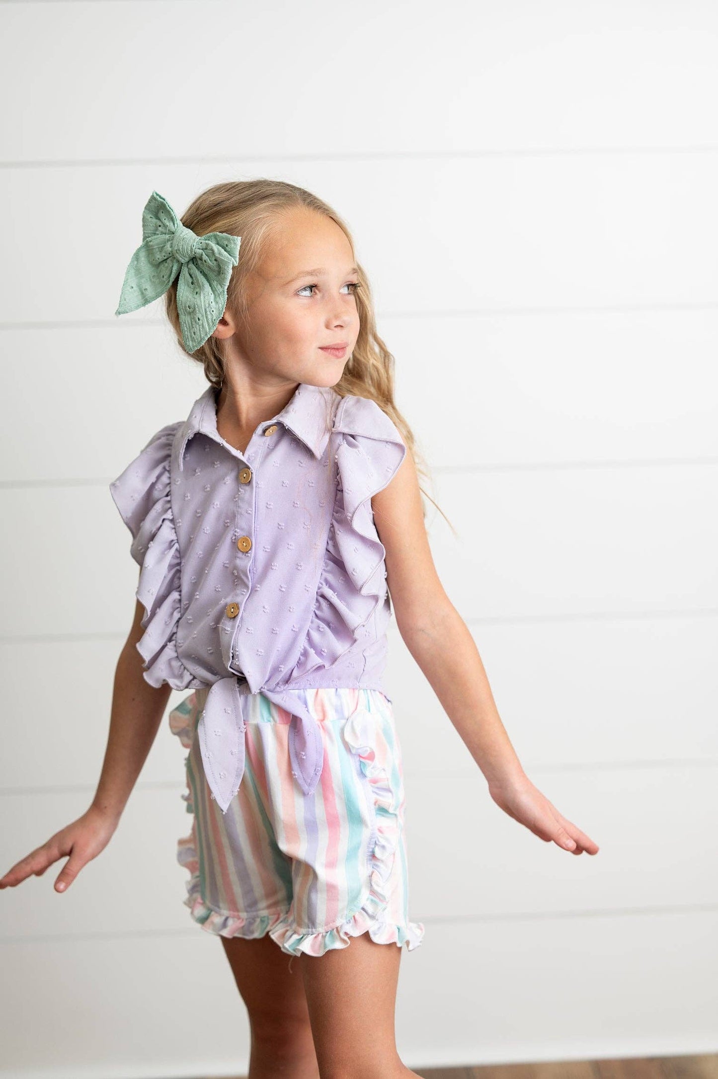 Wren & James - Kids Lavender Ruffle Top & Pastel Stripe Spring Short Set
