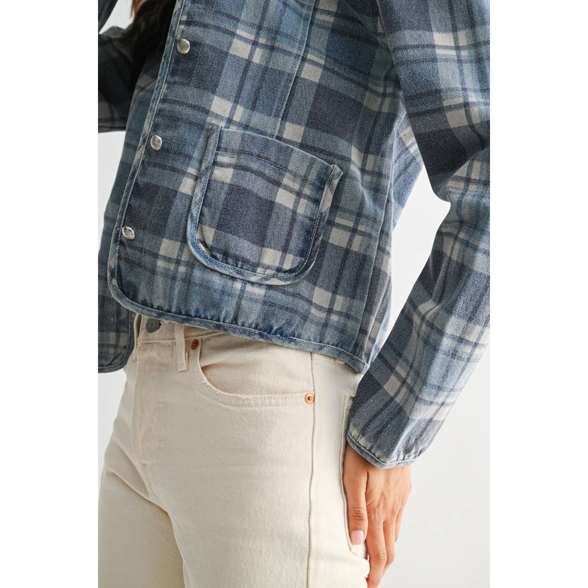 Camellia - PLAID DENIM JACKET: MEDIUM DENIM WASH PLAID / S-M-L(3-2-1)