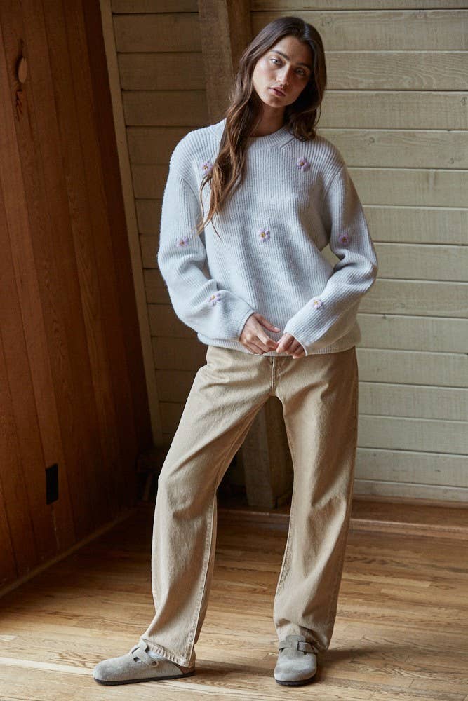 By Together - W2150 | Knit Sweater Ribbed Flower Embroidery Pullover Top: Light Grey