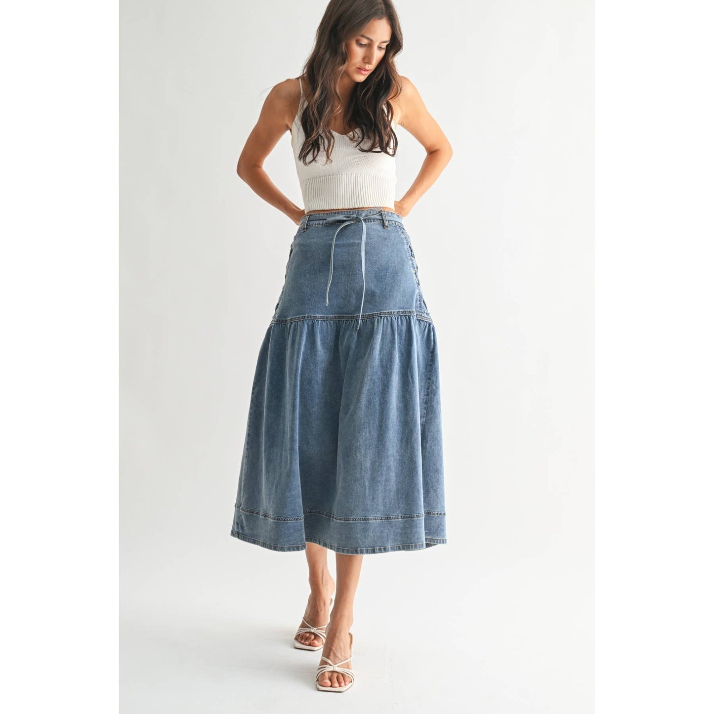 Camellia - DENIM MIDI SKIRT WITH LACE-UP DETAIL: MEDIUM WASH / S-M-L(3-2-1)