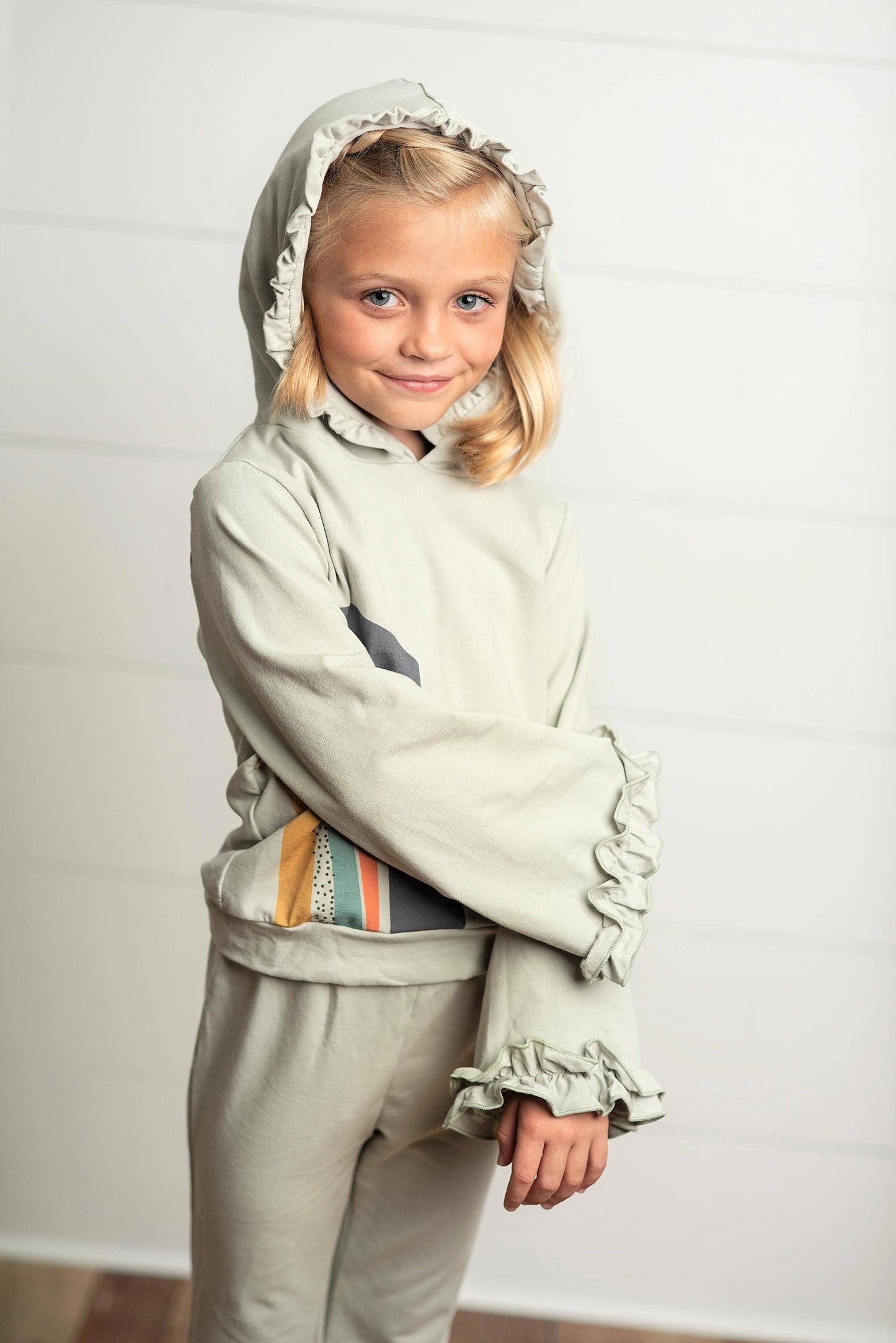 Oopsie Daisy - Girls Gray Sage Rainbow Hooded Sweatsuit Lounge Set