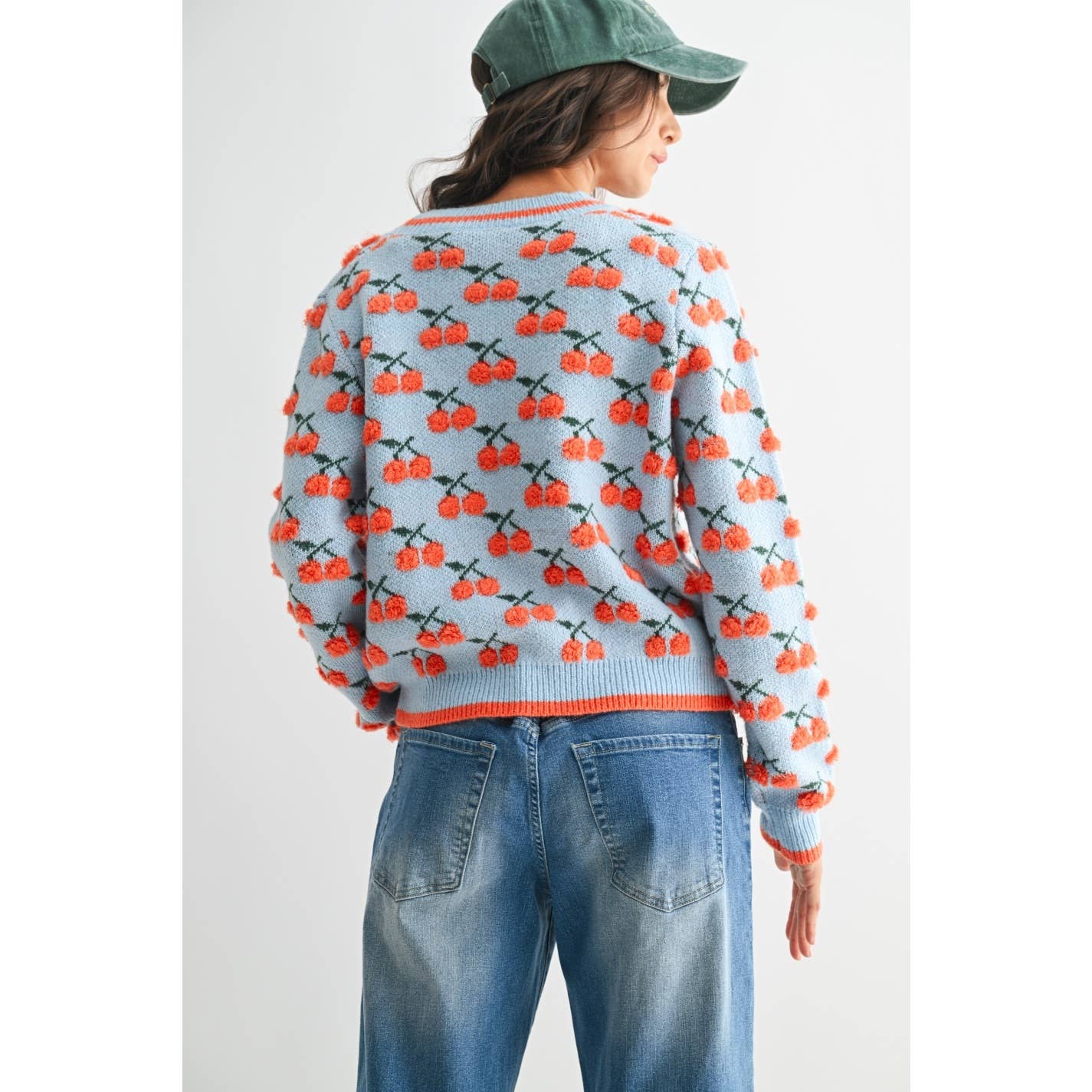 Camellia - CHERRY KNIT WOOL CARDIGAN : LT.BLUE/ORANGE MULTI / S-M-L(3-2-1)